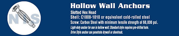 Slotted Hex Head Hollow Wall Anchor Zinc