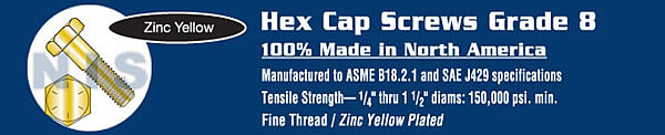 Fine Thread Hex Cap Screw Grade 8 USA Zinc Yellow