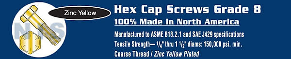 Coarse Thread Hex Cap Grade 8 USA Zinc Yellow