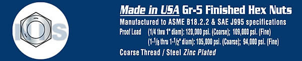 Coarse Thread Finished Hex Nut Grade 5 Domestic Zinc