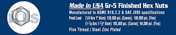 Fine Thread Hex Nut Grade 5 Domestic Zinc
