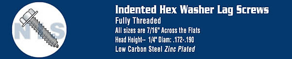 A/F.428-.437 Head Hgt.172-.190 Unslot Indent Hexwash Lag Screw Full Thread Zinc