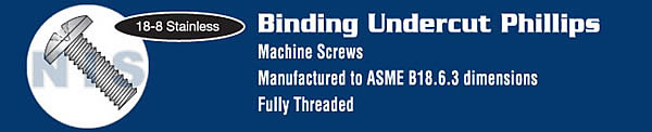 Philllips Binding Undercut Machine Screw Fully Threaded 18 8 Stainless Steel