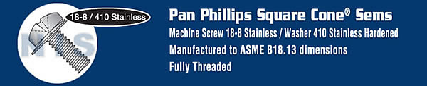 Phillips Pan Square Cone Sems Fully Threaded 18 8 Stainless Steel
