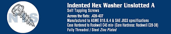 .428-.437A/F Unslotted Indented Hex Washer Self Tap Screw Type A Full Thread ZincBake