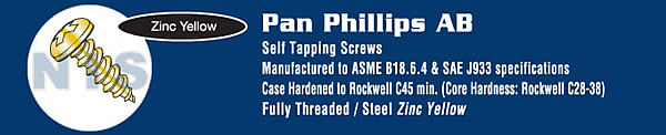 Phillips Pan Self Tapping Screw Type A B Fully Threaded Zinc Yellow and Bake