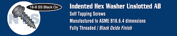 Unslotted Indented Hex Washer Self Tap Screw Type AB Full Thread 18 8 Stainless Black Ox