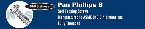 Phillips Pan Self Tapping Screw Type B Fully Threaded 18 8 Stainless