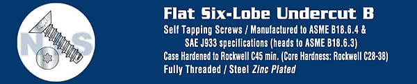 Six Lobe Flat Undercut Self Tapping Screw Type B Fully Threaded Zinc and Bake
