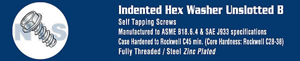 Unslotted Indented Hex washer Self Tapping Screw Type B Full Thread Zinc and Bake