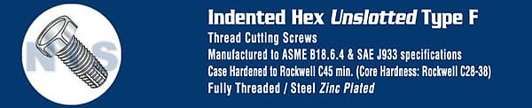 Unslotted Indented Hex Thread Cutting Screw Type F Fully Threaded Zinc