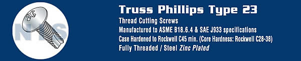 Phillips Truss Thread Cutting Screw Type 23 Fully Threaded Zinc