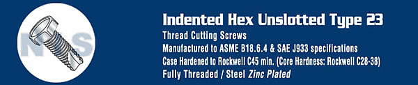 Unslotted Indented Hex Head Thread Cutting Screw Type 23 Full Thread Zinc & Bake