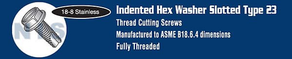 Slotted Indented Hexwasher Thread Cutting Screw Type23 Fully Thrd 18 8 Stainless