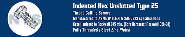 Unslotted Indented Hex Thread Cutting Screw Type 25 Fully Threaded Zinc And Bake