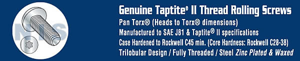 Torx(R) Pan Taptite Thread Rolling Screw Fully Threaded Zinc Bake And Wax