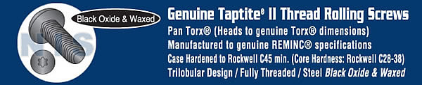 Torx(R) Pan Taptite Thread Rolling Screw Fully Threaded Black Oxide And Wax