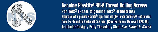 Torx(R) Pan Plastite 48 2 Fully Threaded Zinc Bake And Wax
