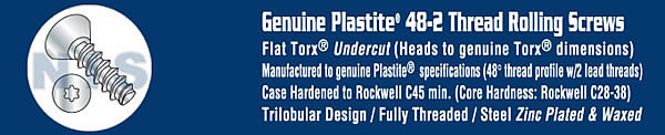 Torx(R) Flat Undercut Plastite 48 2 Fully Threaded Zinc Bake And Wax