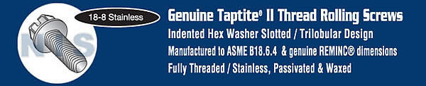 Slotted Indented Hex Washer Taptite Full Thread 18 8 Stainless Passivate & Wax