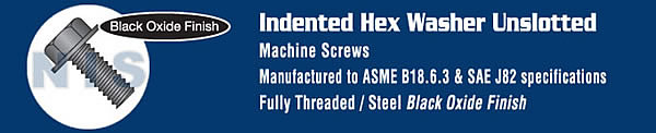 Unslotted Indented Hex Washer Head Machine Screw Fully Threaded Black Oxide