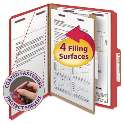 Smead&reg; Four-Section Colored Pressboard Top Tab Classification Folders with SafeSHIELD&reg; Coated Fasteners