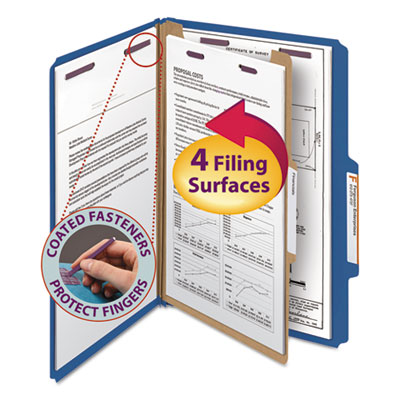 Smead&reg; Four-Section Colored Pressboard Top Tab Classification Folders with SafeSHIELD&reg; Coated Fasteners