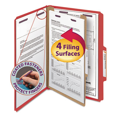 Smead&reg; Four-Section Colored Pressboard Top Tab Classification Folders with SafeSHIELD&reg; Coated Fasteners