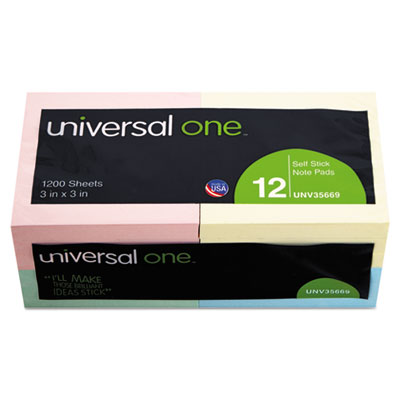 Universal One&trade; Standard Self-Stick Pastel Color Note Pads