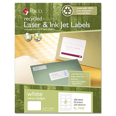 MACO&reg; Recycled Laser/Inkjet White Name Badge Labels