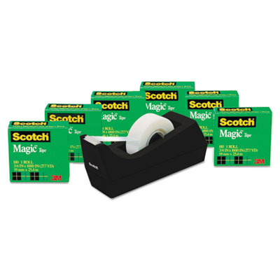 Scotch&reg; Magic&trade; Tape Six-Roll Value Pack with C38 Black Plastic Dispenser