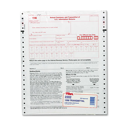 TOPS&trade; 1096 IRS Approved Tax Form
