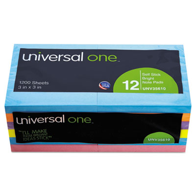 Universal One&trade; Standard Self-Stick Bright Color Note Pads